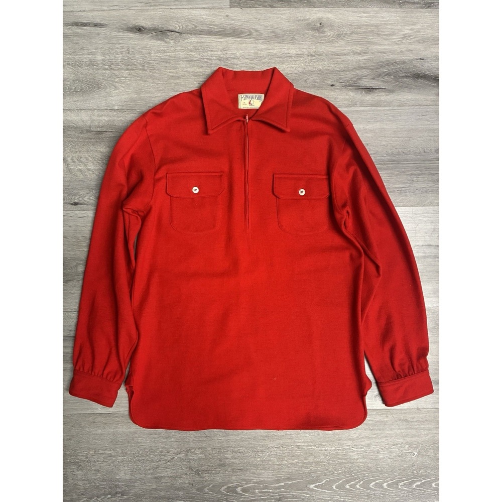 Vintage 1960s The Spinnaker Shirt 100% Virgin Wool Red Collared Zip Shirt Size M
